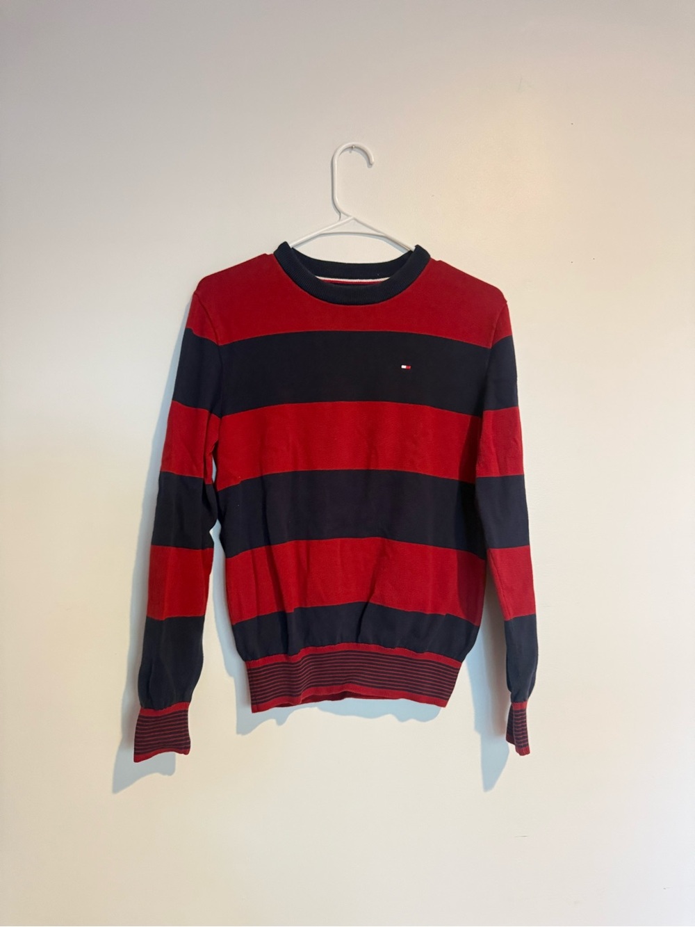 Men's Tommy Hilfiger Red and Navy Striped Crewneck Sweater